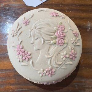 Vintage Bisque Ceramic Vanity Jar Cameo Floral